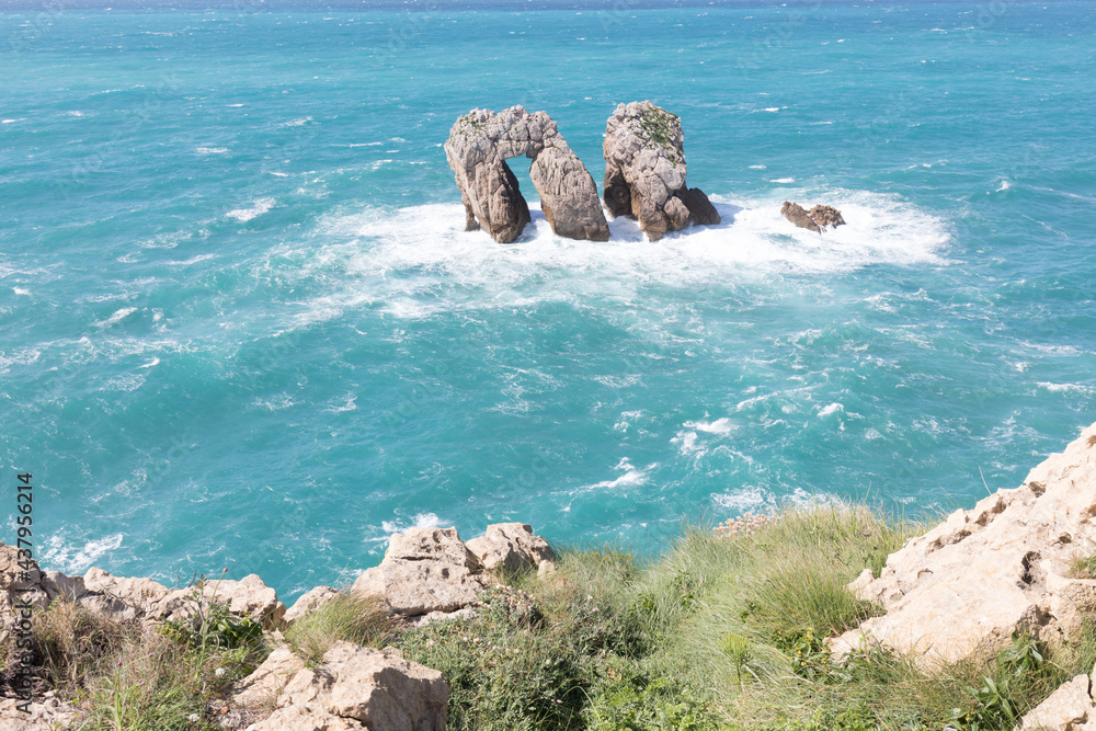 Wall mural sea view with cliffs landscape on north spain. atlantic ocean coast. beautiful sunny day. scenic gol