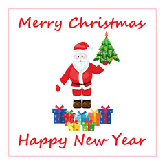 Fototapeta na wymiar Postcard with Santa Claus and gifts, with the text Merry Christmas and Happy New Year. Cartoon vector illustration on white background.
