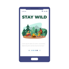 Mobile app onboarding page for camping, flat vector illustration isolated.