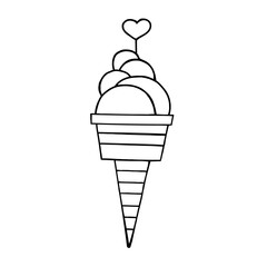 Ice cream in a waffle cup, decorated with a heart on a white background, doodle.Vector dessert can be used in menus,textiles.