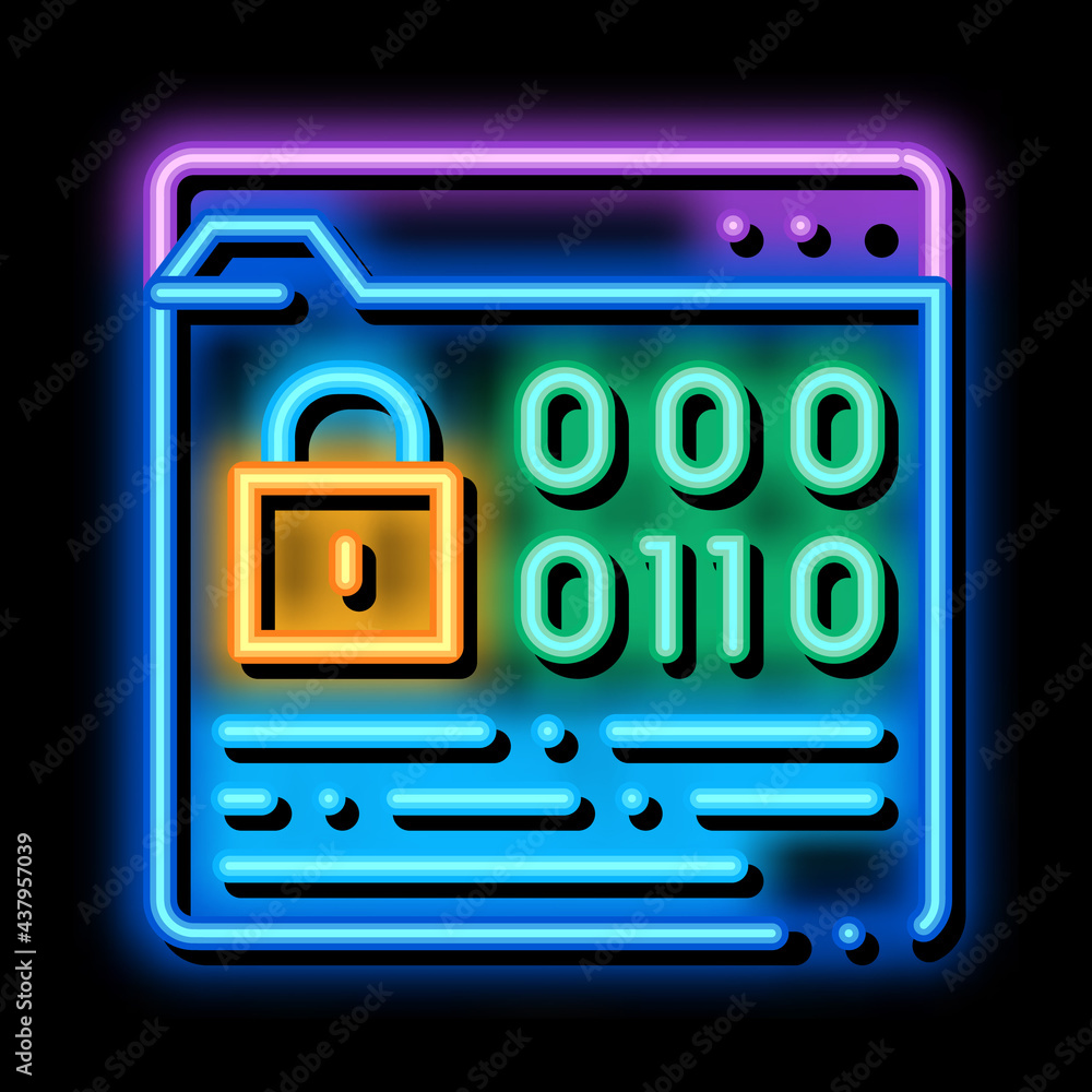 Poster binary code protection neon light sign vector. glowing bright icon binary code protection sign. tran