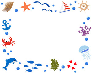Obraz premium 海の生き物や貝殻、船のイラスト フレーム 背景素材