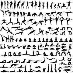 Fototapeta na wymiar Big set of silhouettes of woman doing yoga exercises. Icons of girl stretching and relaxing her body in many different yoga poses. Black shapes of woman isolated on white background. Yoga complex.