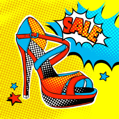Bright Pop art comic poster with image of a shoe and label "Sale". Vector illustration.