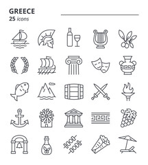 Greek culture, greece icon set. Simple linear symbols collection. History, state, art, food.