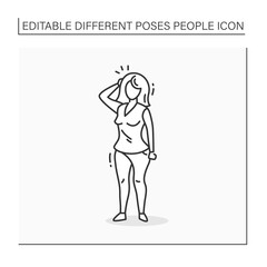 Persone pose line icon. Woman standing straight, keeping hand on head. Headache.People poses concept. Isolated vector illustration
