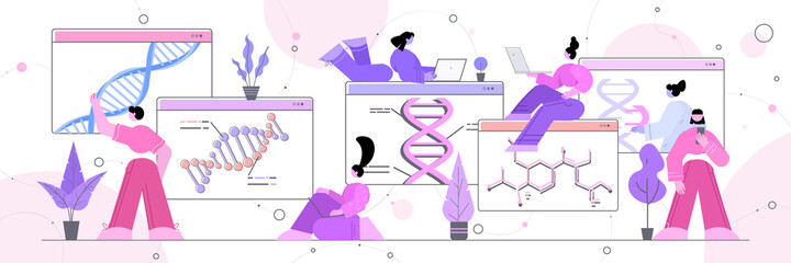 scientists team working with DNA in web browser windows researchers making experiment in online lab DNA testing