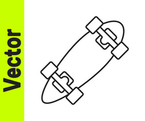Black line Longboard or skateboard cruiser icon isolated on white background. Extreme sport. Sport equipment. Vector