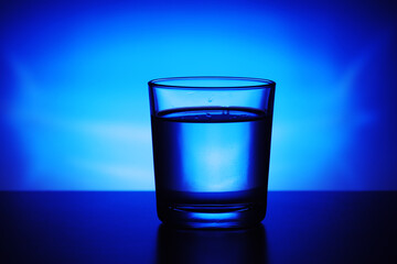 A glass with water at blue background