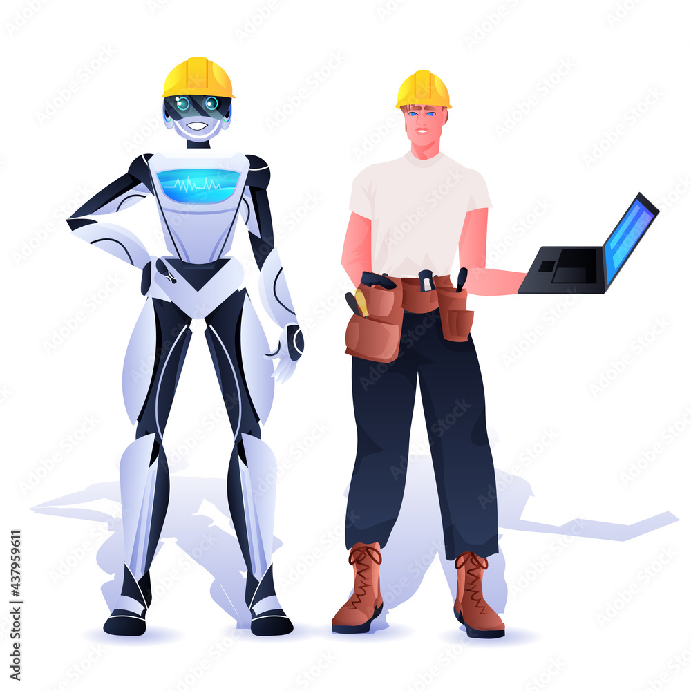 Aufkleber robot and workman in hardhats construction workers standing together artificial intelligence concept