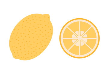 A whole lemon and a slice of lemon on an isolated white background. Flat vector illustration.