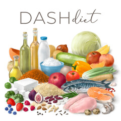 Balanced nutrition concept for DASH clean eating. Assortment of healthy food ingredients for cooking. Hand drawn illustration.