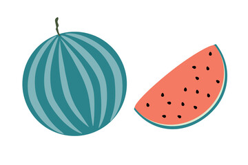 A whole watermelon and a slice of watermelon on an isolated white background. Flat vector illustration.