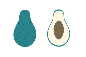 A whole avacado and a piece of avacado on an isolated white background. Flat vector illustration.