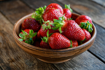 Strawberries in earthenware on an old wooden table. Cooking in the kitchen.