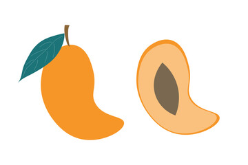A whole mango and a slice of mango on an isolated white background. Flat vector illustration.