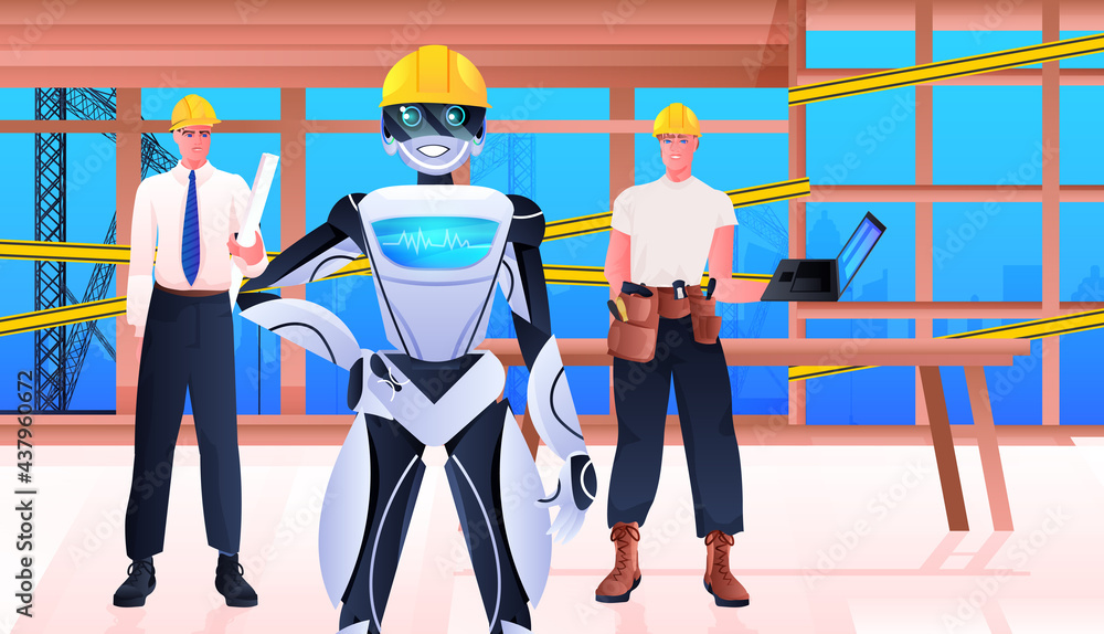 Aufkleber robot and workmen engineers in hardhats standing on construction site artificial intelligence techno