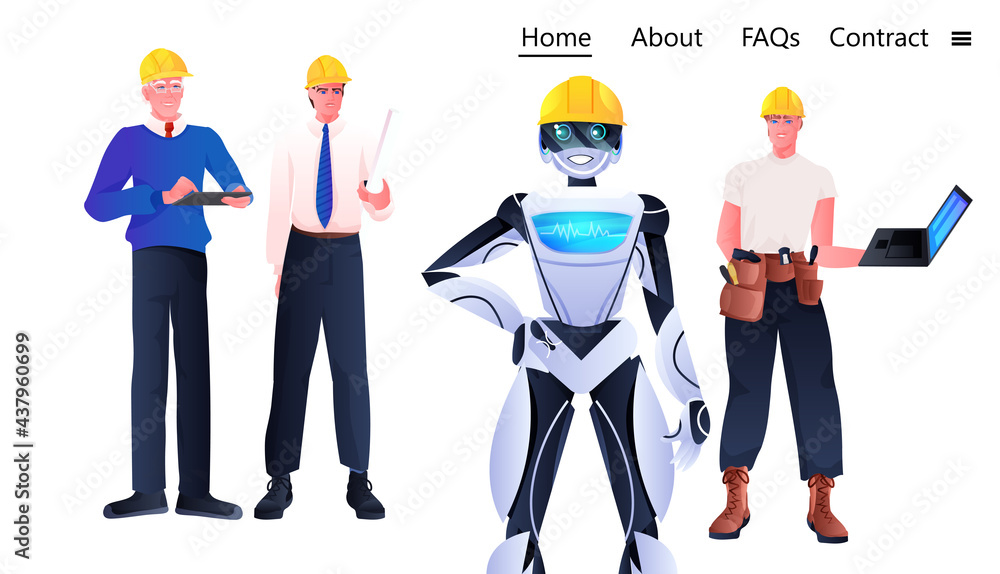 Poster robot and workmen engineers in hardhats standing together construction workers discussing during mee