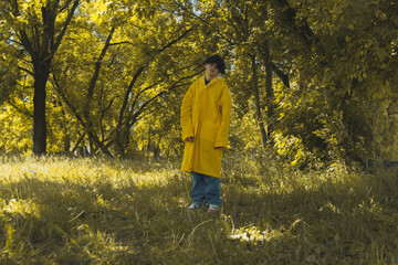 the man in the yellow raincoat in the autumn forest