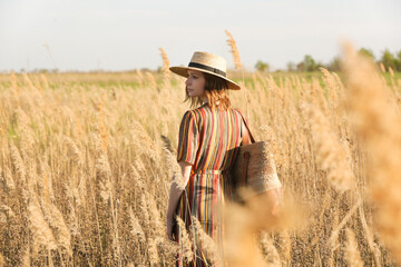 Beautiful woman in striped dress and straw hat standing on meadow. Casual summer fashion, outdoor portrait with natural light.