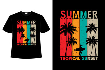 T Shirt Design Of Summer Tropical Sunset Surf In Retro Style