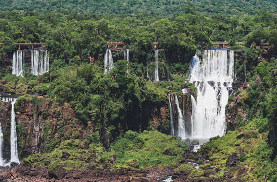 Large Waterfall Next To Other Smaller Waterfalls In The Iguazu Falls. One Of The Seven Wonders Of The World