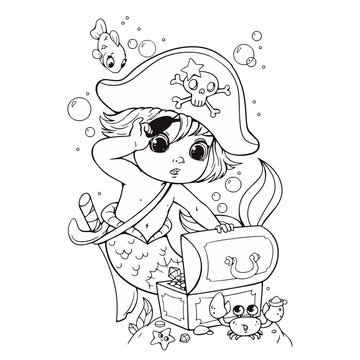 Coloring book with a boy pirate mermaid. The character found a treasure at the bottom of the ocean. Treasure chest line. Vector in cartoon childish style. Isolated funny clipart on white background