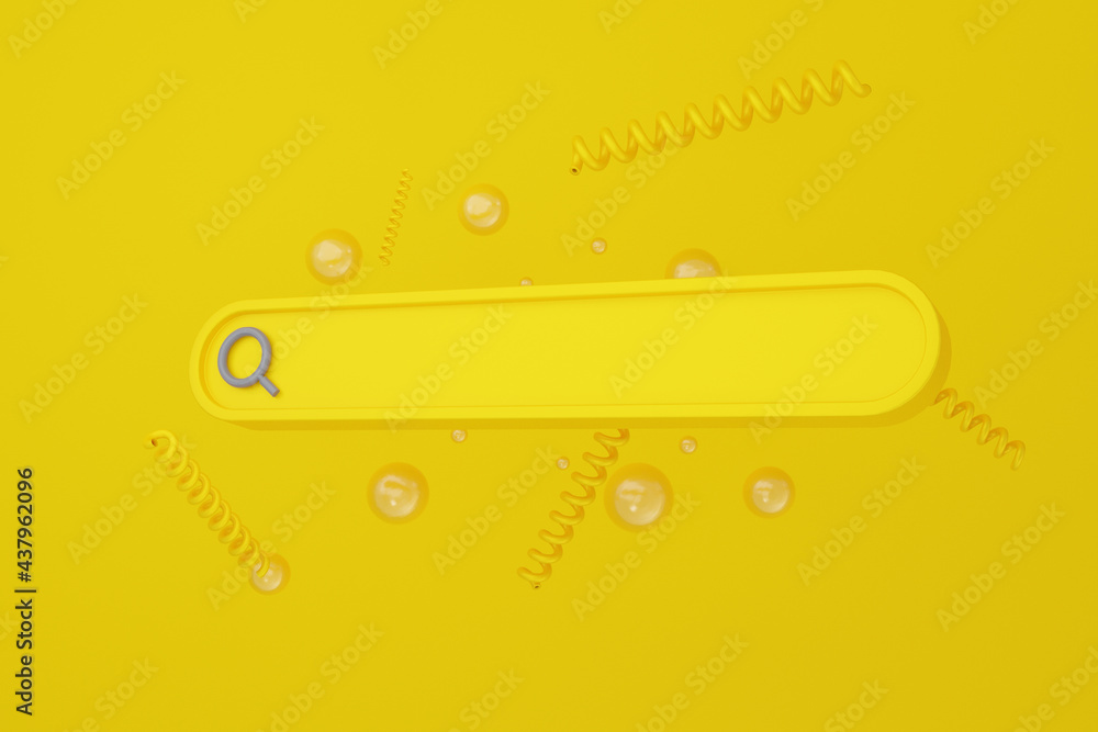 Poster minimal blank 3d illustration search bar yellow floating on yellow background. searching, find learn