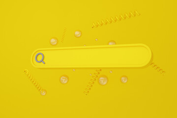 Minimal Blank 3d illustration search bar yellow floating on yellow background. Searching, Find learning or stories of interest on the internet and social media. Information Networking Concept
