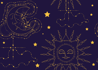 Magic seamless pattern for astrology, tarot cards, boho design. Universe with the sun  and moon surrounded by stars on a dark blue background. Esoteric vector illustration, pattern. EPS10
