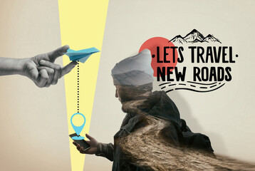 Abstract collage with traveler, road, smartphone and paper plane. Metaphor of travel. Creative...