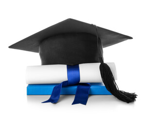 Graduation hat with diploma on white background