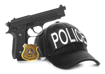 Uniform of policeman with gun on white background