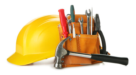 Hardhat with tools on white background