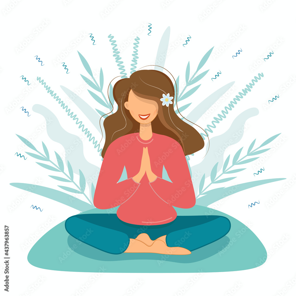 Wall mural The girl in the lotus position is engaged in yoga in nature. Young woman is meditating. Delicate plants in the background. Self-isolation, quarantine sport. Flat illustration, concept. Vector.