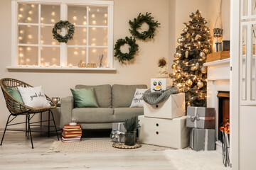 Funny snowman in living room decorated for Christmas