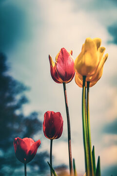 Ein Hauch von Emotionen - stimmungsvolles, farbenfrohes und wundersch&ouml;nes Blumenbeet aus Tulpen aus dem Jenseits im Grugapark Essen - Trauer und Einsamkeit in den 70ern - Stylische Postkarte Look