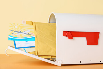 Mail box with letters on color background