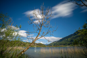 tranquil landscape in early spring at lake Alpsee in the Allgaeu mountains near Immenstadt, Bavaria, Germany