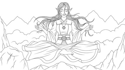 Fototapeta na wymiar Vector illustration, beautiful girl elf meditates high in the mountains, soars above the clouds