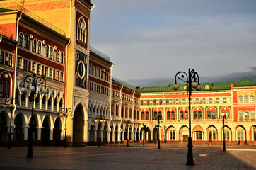 The square with lanterns in front of the National Art Gallery. Russia Yoshkar Ola 01.05.2021. High quality photo