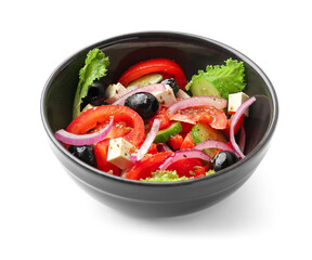 Bowl of tasty Greek salad on white background