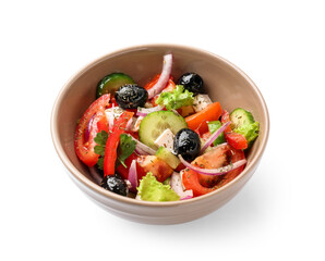 Bowl of tasty Greek salad on white background