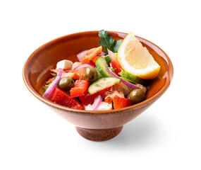 Bowl of tasty Greek salad on white background