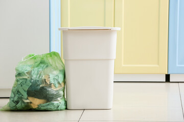 Bag with garbage and rubbish bin at home
