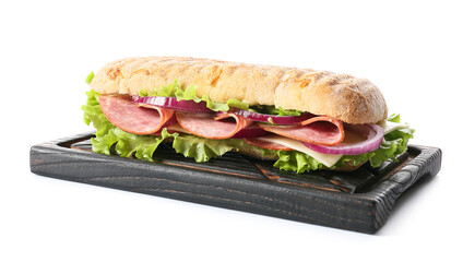 Board with tasty ciabatta sandwich on white background