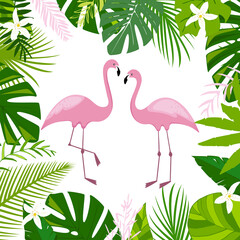 Pink flamingos, green palm leaves, jungle leaf composition and white flowers. Beautiful floral summer tropical vector illustration isolated. Exotic bird print.