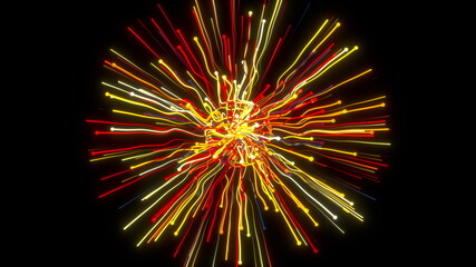 Bright geometric 3d render stripes flying to sides. Digital sunburst festival abstract inflorescence. Ornament outburst of exploded space star with radial streams light.