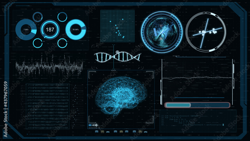Fototapete HUD. graphic interface brain match DNA. futuristic infographic motion with 3d rendering.