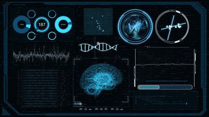 HUD. graphic interface brain match DNA. futuristic infographic motion with 3d rendering.